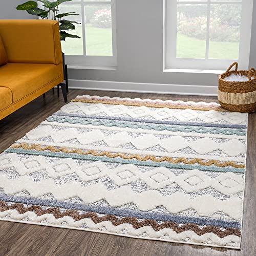 payé Teppich Wohnzimmer - 120x170cm - Hochflor Flauschig Weich - Pastellfarben Multi - Boho Design - Skandinavisch Raute Ornamente Muster - Schlafzimmer von payé