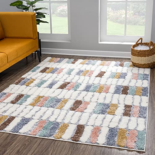 payé Teppich Wohnzimmer - 120x170cm - Hochflor Flauschig Weich - Pastellfarben Multi - Boho Design - Skandinavisch Steinoptik Abstrakt - Schlafzimmer von payé