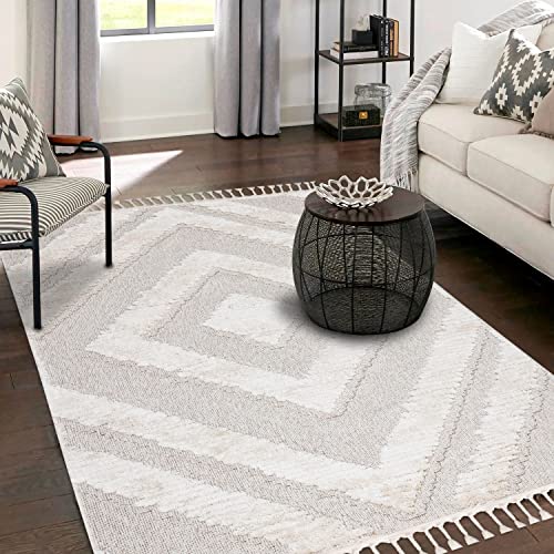 payé Teppich Wohnzimmer - 140x200cm - Creme - Raute - Hochtief Effekt - Fransen Deko Boho Flauschig - Cut & Loop Sisal - Schlafzimmer Flur Dekoration Läufer von payé