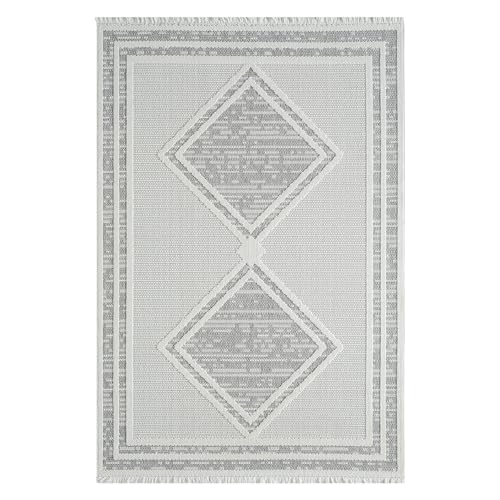 payé Teppich Wohnzimmer - 140x200cm - Grau - Boho-Style mit Fransen - Modern Raute Optik - Flachflor Wohnteppich Schlafzimmer Deko von payé
