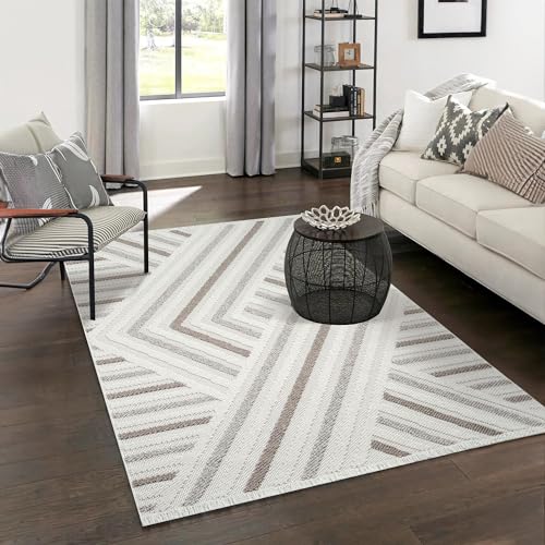 payé Teppich Wohnzimmer - 160x230cm - Cream Braun Grau - Boho-Style mit Fransen - Modern Geo Muster - Flachflor Wohnteppich Schlafzimmer Deko von payé