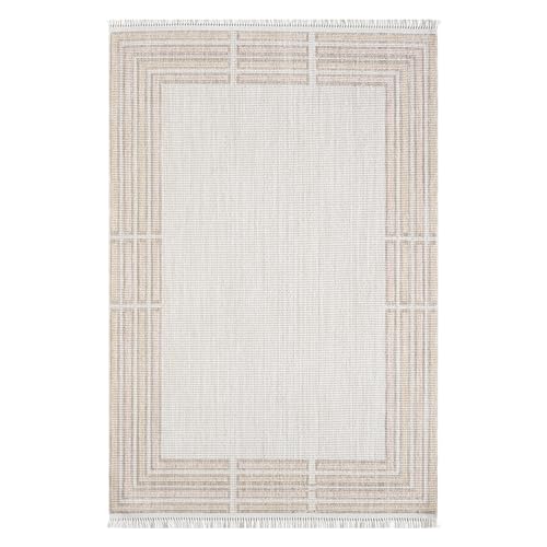 payé Teppich Wohnzimmer - 200x290cm - Beige Rosa - Bordüre Muster - Boho Frasen Teppiche - Wohnteppich Deko von payé