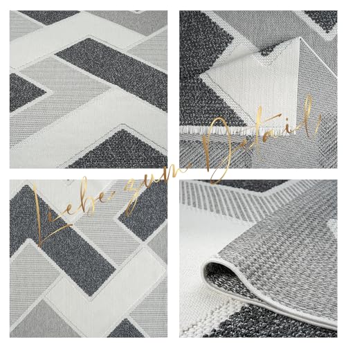 payé Teppich Wohnzimmer - 200x290cm - Grau Anthrazit - Boho-Style mit Fransen - Gemotrische Muster - Flachflor Wohnteppich Schlafzimmer Deko von payé