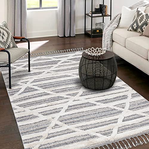 payé Teppich Wohnzimmer - 80x150cm - Creme Grau Blau - Raute Meliert - Hochtief Effekt - Fransen Deko Boho Flauschig - Cut & Loop Sisal - Schlafzimmer Flur Dekoration Läufer von payé