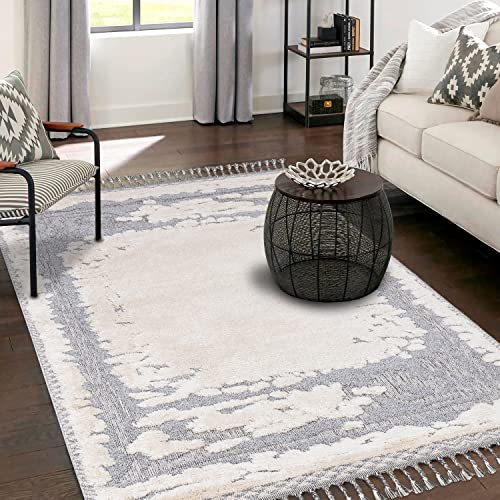 payé Teppich Wohnzimmer - Abstrak - 80x150cm - Creme Grau Blau - Fransen Deko Boho Flauschig - Cut & Loop Sisal - Schlafzimmer Flur Dekoration Läufer von payé