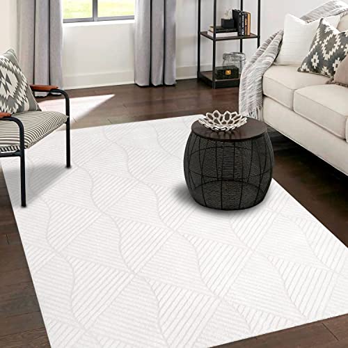 payé Teppich Wohnzimmer Einfarbig - 120x160cm - Weiß Uni Geometrisch Wellen Muster Modern Kurzflor Deko Teppiche Weich Schlafzimmer von payé