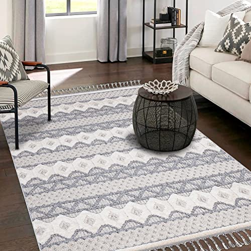 payé Teppich Wohnzimmer - Geometrische Muster - 80x150cm Grau Blau - Fransen Deko Boho Flauschig - Cut & Loop Sisal - Schlafzimmer Flur Dekoration Läufer - Orientalische Teppiche von payé