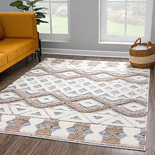 payé Teppich Wohnzimmer Hochflor - 120x170cm - Ethno - Cream Multi - Modern Raute Meliert Muster Skandinavisch Flauschig Wohnteppich Schlafzimmer Dekoration von payé