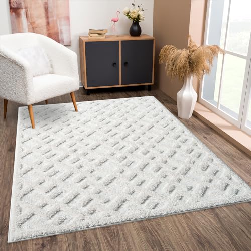 payé Teppich Wohnzimmer Hochflor - 160x230cm - Einfarbig - Pastell Creme - Boho - Modern Geo Muster- Skandinavisch Flauschig Weich - Schlafzimmer von payé