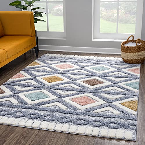 payé Teppich Wohnzimmer Hochflor - 160x230cm - Einfarbig - Pastell Multi - Boho - Modern Raute Ornamente - Skandinavisch Flauschig Weich - Schlafzimmer von payé