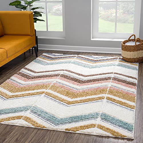 payé Teppich Wohnzimmer Hochflor - 160x230cm - Pastellfarben - Geometrisch Zick Zack - Muster - Boho - Skandinavisch Flauschig Weich - Schlafzimmer von payé