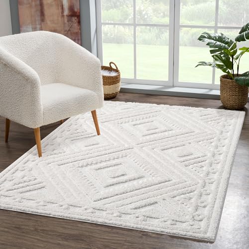 payé Teppich Wohnzimmer Hochflor - 200x290cm - Einfarbig - Pastell Creme - Boho - Modern Raute Muster- Skandinavisch Flauschig Weich - Schlafzimmer von payé
