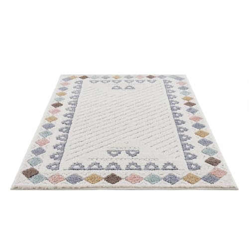 payé Teppich Wohnzimmer Hochflor - 200x290cm - Ethno - Cream Multi - Modern Raute Meliert Muster Skandinavisch Flauschig Kinderteppich Schlafzimmer Dekoration von payé