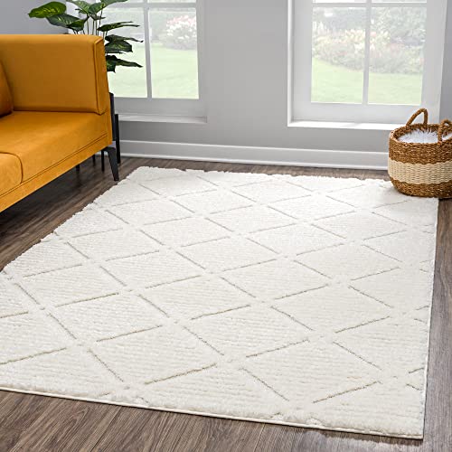 payé Teppich Wohnzimmer Hochflor - Boho - Cream - 120x170cm - Einfarbig - Modern Raute Meliert Muster - Skandinavisch Flauschig Weich - Wohnteppich Schlafzimmer Dekoration von payé