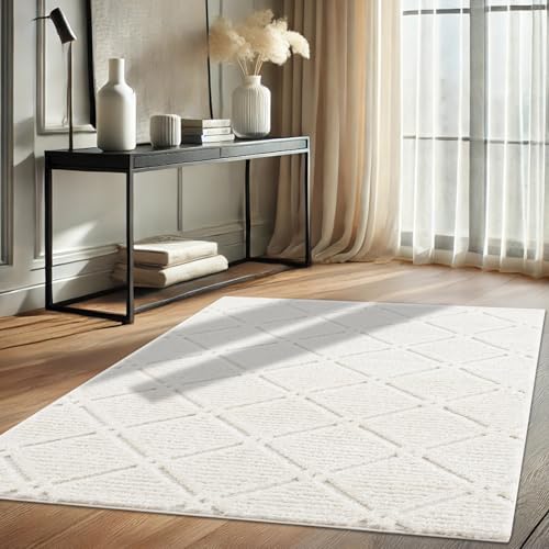 payé Teppich Wohnzimmer - Hochflor - Boho - Cream - 140x200cm - Einfarbig - Modern Raute Meliert Muster - Skandinavisch Flauschig Weich - Wohnteppich Schlafzimmer Dekoration von payé