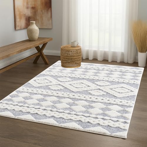 Teppich Wohnzimmer Hochflor - Boho - Pastell Cream Grau - 120x170cm - Einfarbig - Modern Raute Meliert Muster - Skandinavisch Flauschig Weich - Wohnteppich Schlafzimmer Dekoration von payé