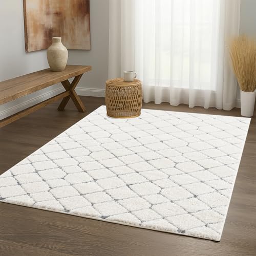 Teppich Wohnzimmer - Hochflor - Boho - Pastell Creme Grau - 200x290cm - Modern Raute Muster - Skandinavisch Flauschig Weich - Wohnteppich Schlafzimmer Dekoration von payé