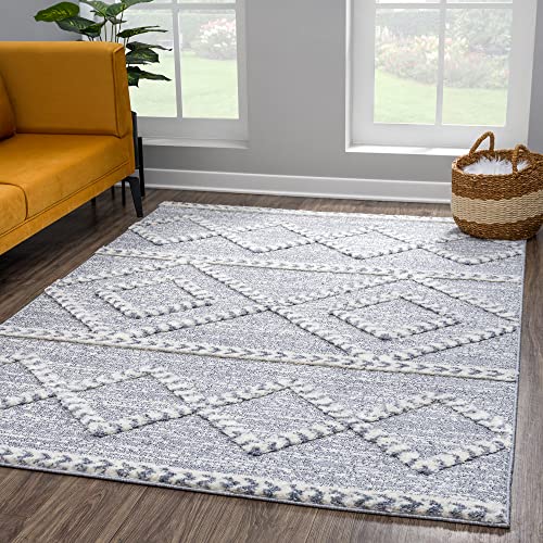 payé Teppich Wohnzimmer Hochflor - Boho - Pastellgrau Creme - 120x170cm - Raute Muster - Skandinavisch Flauschig Weich - Wohnteppich Schlafzimmer Dekoration von payé