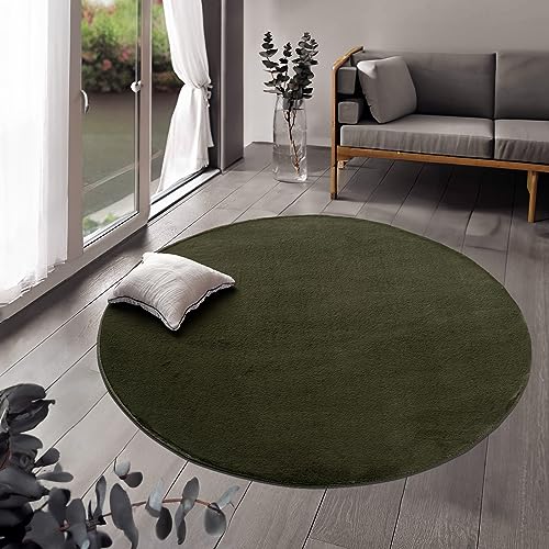 payé Teppich Wohnzimmer Hochflor Grün - 160x160cm - Rund Super Soft Kuschelweich Flauschig Modern Einfarbig Modern Weicher Schlafzimmerteppich von payé
