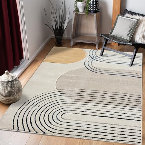 payé Teppich Wohnzimmer Kurzflor Beige - 140x200cm - Boho Geometrisch Modern Skandinavisch Wohnteppich Schlafzimmer von payé