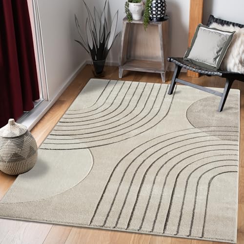 payé Teppich Wohnzimmer Kurzflor Beige Braun - 140x200cm - Boho Abstrakt Muster Modern Skandinavisch Wohnteppich Schlafzimmer von payé