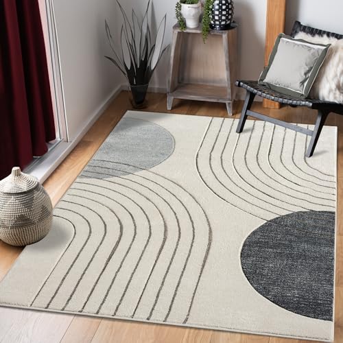 payé Teppich Wohnzimmer Kurzflor Beige Grau- 140x200cm - Boho Abstrakt Muster Modern Skandinavisch Wohnteppich Schlafzimmer von payé