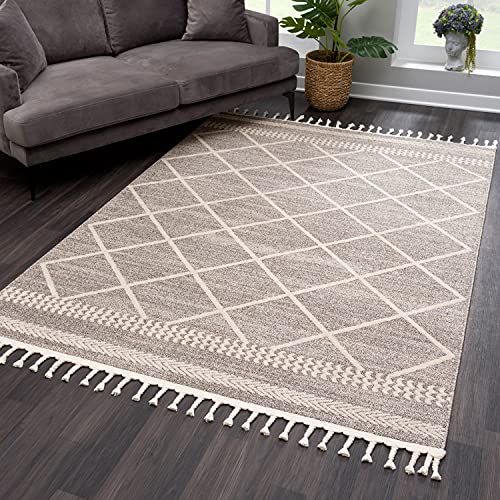 payé Teppich Wohnzimmer Kurzflor - Braun Creme - 120x170cm - mit Fransen Deko Rautenmuster Boho Schlafzimmer Flur Dekoration Läufer - Skandinavische Teppiche von payé