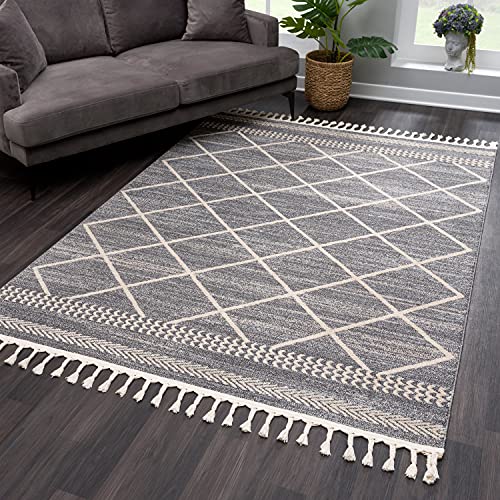 payé Teppich Wohnzimmer Kurzflor - Grau - 120x170cm - mit Fransen Deko Rautenmuster Boho Schlafzimmer Flur Dekoration Läufer - Skandinavische Teppiche von payé