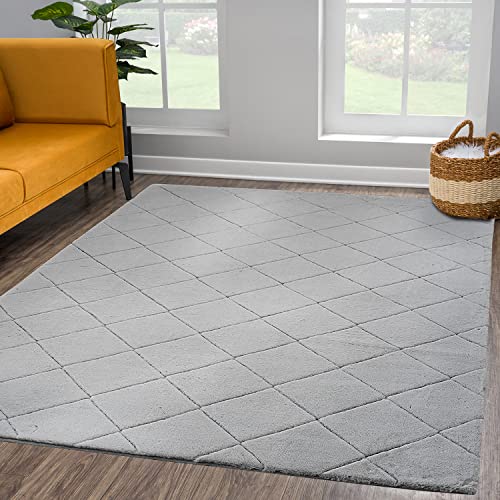 payé Teppich - Wohnzimmer Kuschwelweich 80x150cm Grau Silber Flauschig Karo Muster Modern Deko Teppiche Weich Schlafzimmer von payé