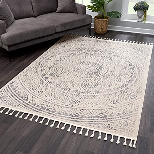 payé Teppich Wohnzimmer Mandala mit Fransen Deko Boho - Beige Grau - 120x170cm - Kurzflor Schlafzimmer Flur Dekoration Läufer - Orientalische Teppiche von payé