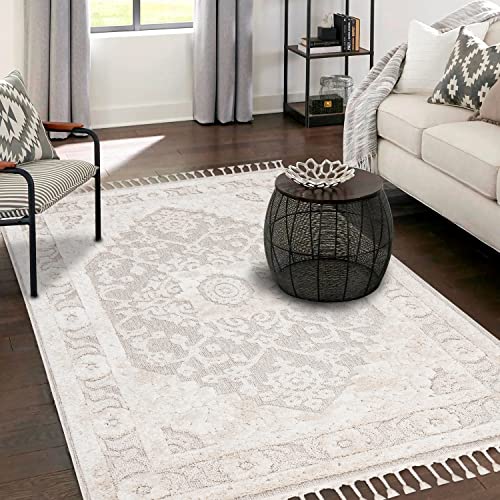 payé Teppich Wohnzimmer - Ornamente Bordüre - 80x150cm Creme - Fransen Deko Boho Flauschig - Cut & Loop Sisal - Schlafzimmer Flur Dekoration Läufer - Hochtief Effekt von payé