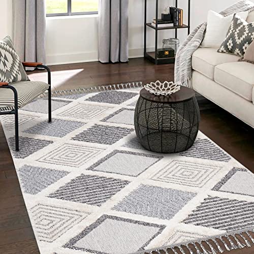 payé Teppich Wohnzimmer - Raute Muster - 140x200cm Creme Grau Blau - Fransen Deko Boho Flauschig - Cut & Loop Sisal - Schlafzimmer Flur Dekoration Läufer - Orientalische Teppiche von payé