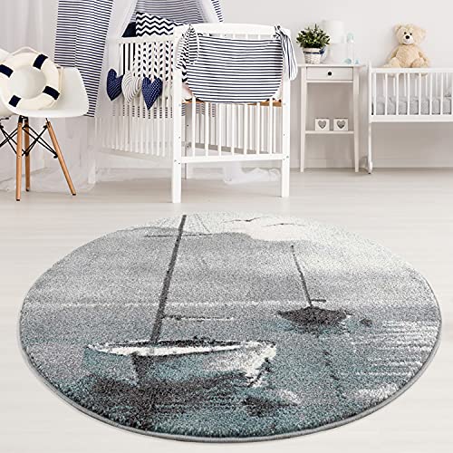 payé Teppich Wohnzimmer Rund Blau - 120x120 cm - Maritim Segelschiffe - Kurzflor Teenagerteppich - Schlafzimmer Carpet - Kinderzimmerteppich - Deko Mädchen Junge von payé