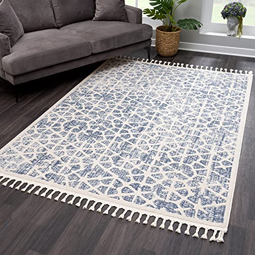 payé Teppich Wohnzimmer mit Fransen - Blau Cream - 120x170cm - Kurzflor Deko Boho Schlafzimmer Flur Dekoration Läufer Kinderzimmer - Skandinavische Teppiche von payé