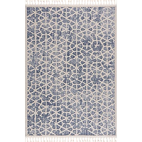 payé Teppich Wohnzimmer mit Fransen - Blau Cream - 200x290cm - Kurzflor Deko Boho Schlafzimmer Flur Dekoration Läufer Kinderzimmer - Skandinavische Teppiche von payé