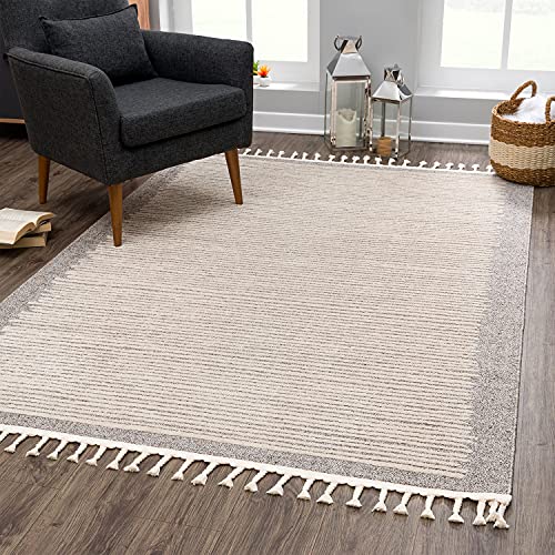 payé Teppich Wohnzimmer mit Fransen Deko Boho - Braun-Beige Streifen - 140x200cm - Kurzflor Schlafzimmer Flur Dekoration Läufer - Skandinavische Teppiche von payé