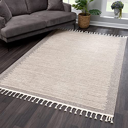 payé Teppich Wohnzimmer mit Fransen Deko Boho - Braun-Beige Streifen - 160x230cm - Kurzflor Schlafzimmer Flur Dekoration Läufer - Skandinavische Teppiche von payé