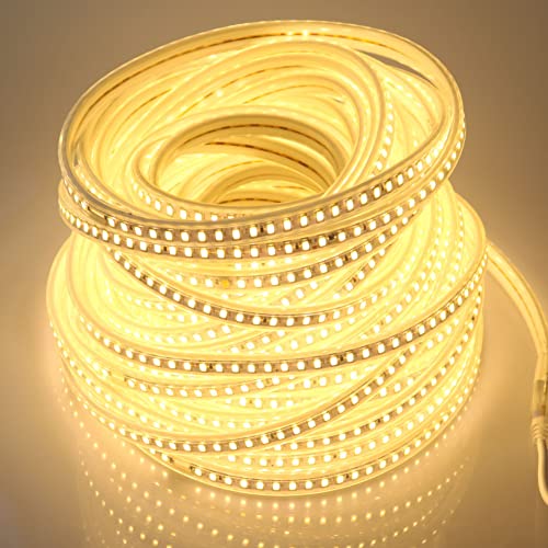 pcning 25 Meter LED Strip 230V SMD 5730 120 leds/m Band mit EU Stecker, 25M 3000K Warmweiss LED Streifen (Warmweiß, 25.00) von pcning