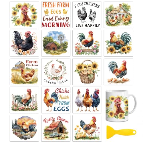 Peacoblue 18 Blatt Abreibebilder für Bastelarbeiten, UV-DTF-Tassenfolie, wasserdichte Kalttransfers (Bauernhof-Huhn) von peacoblue