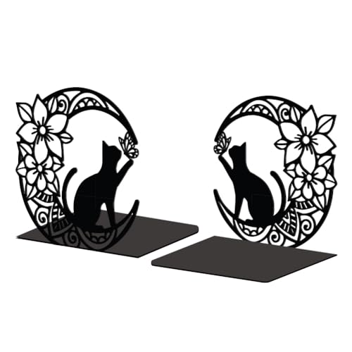 Peacoblue BuchstüTzen-Halter Aus Metall füR Dekorative Regale, 13.5 X 11 X 13.5 cm, Modern, Kreativ Robust BuchstüTzen Stopper Halter füR Schreibtisch, Regal, 1 Paar (Mond mit Katze und Blume) von peacoblue