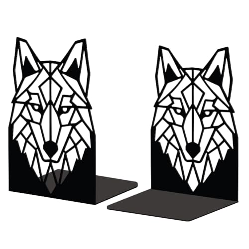 Peacoblue Dekorative Buchstützen aus Metall,Buchhalter Regal, 1 Paar (Geometrischer Wolfskopf), 5.3"x4.3"x7.5" von peacoblue