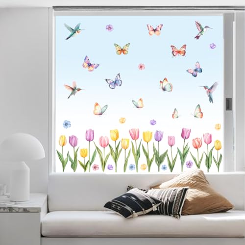 Peacoblue Fensteraufkleber Statisch Haftend 30x60cm, 3 BöGen Mit 48 StüCk Tulpen Und Kolibri Mit Schmetterling Dekorativer Abnehmbarer Fensteraufkleber, HeimbüRo-Dekoration FüR Glasfenster, Spiegel von peacoblue