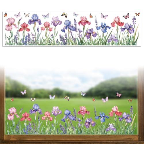 Peacoblue Fensterbilder Selbstklebend 120cm x 30cm, 1 Blatt Iris und Schmetterlinge Dekorativer, Abnehmbarer Fensteraufkleber für Zuhause, Büro, Glasfensterdekoration von peacoblue