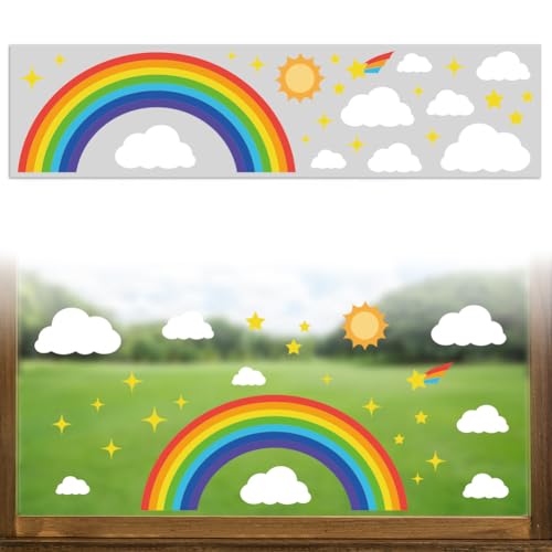 Peacoblue Fensterbilder Selbstklebend 120cm x 30cm, 1 Blatt Regenbogen und Wolken Dekorativer, Abnehmbarer Fensteraufkleber für Zuhause, Büro, Glasfensterdekoration von peacoblue