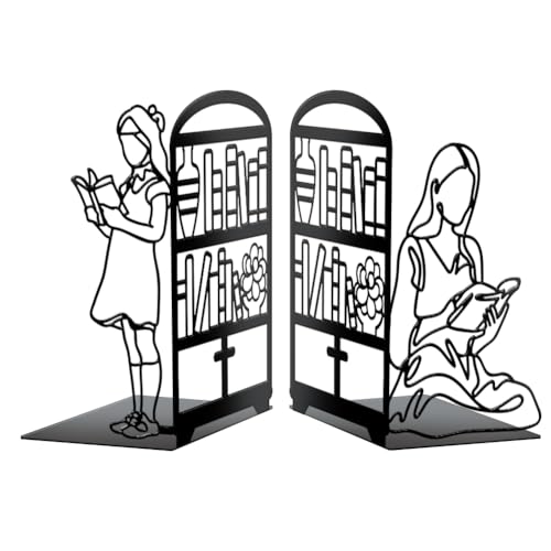 Peacoblue Metall-Buchstützen für Regale, Moderne dekorative schwere Buchstützen für Büro, Schreibtisch, Regal, Zimmer – 14x11x21 cm, einfache hohe Buchstützen aus Gusseisen, 1 Paar (Mädchen mit Buch) von peacoblue