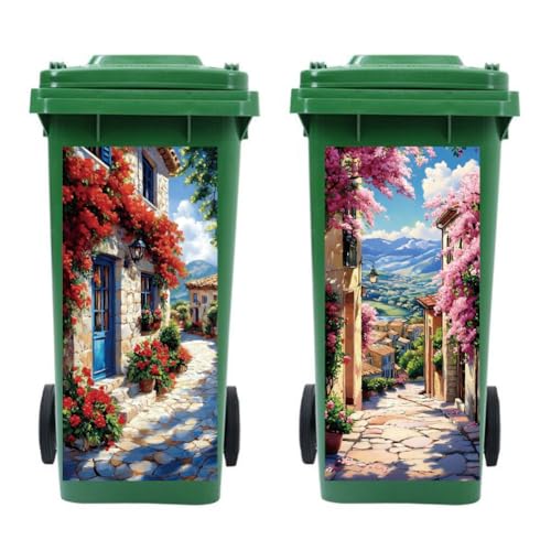 Peacoblue 2 Stück Mülltonnenaufkleber 38x82cm Blumen und straßen. Mülltonnen Aufkleber Wetterfest Groß Mülltonnen Sticker Draußen Für Auffahrt, Garten, Außen- und Innendekoration von peacoblue