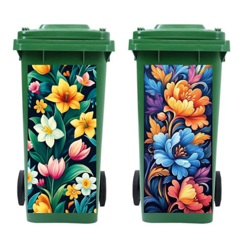 Peacoblue 2 Stück Mülltonnenaufkleber 38x82cm Künstlerische blumen Mülltonnen Aufkleber Wetterfest Groß Mülltonnen Sticker Draußen Für Auffahrt, Garten, Außen- und Innendekoration von peacoblue