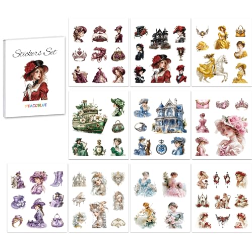 Peacoblue Scrapbook Stickerbuch-Set für Junk Journaling, 10 Blatt Europäisches Mädchen, vorgeschnittene ästhetische Sticker von peacoblue