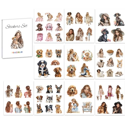 Peacoblue Scrapbook Stickerbuch-Set für Junk Journaling, 10 Blatt Mädchen mit Haustierhund, vorgeschnittene ästhetische Sticker von peacoblue