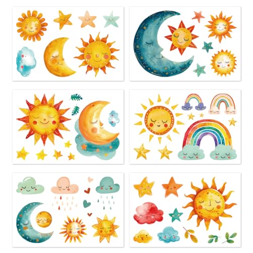 Peacoblue Sonne und Planeten Fensterbilder Selbstklebend 20cm x 30cm, 6 Blätter mit 51 Mustern, dekorative abnehmbare Fenster Aufkleber Deko für Zuhause und Büro von peacoblue